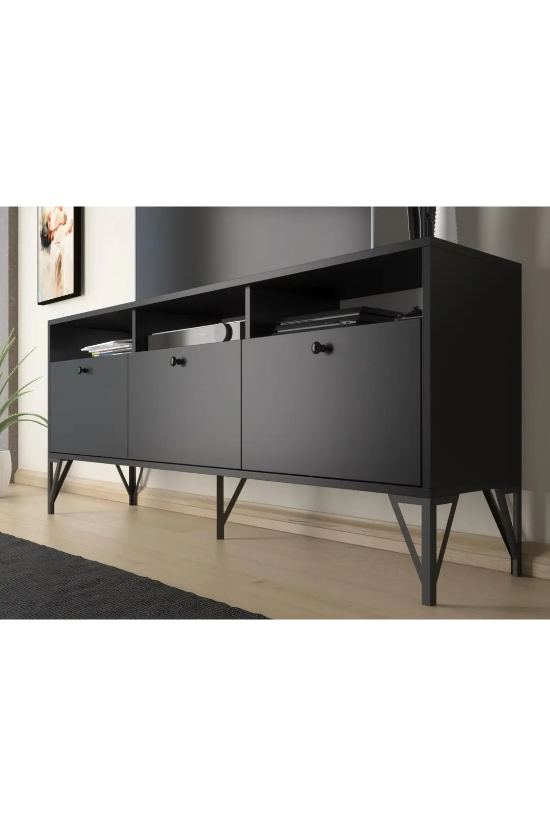 Rhea 160 Cm Dolaplı, Minifiks Bağlantı, Geniş Tv Ünitesi - Konsol - Siyah / Siyah